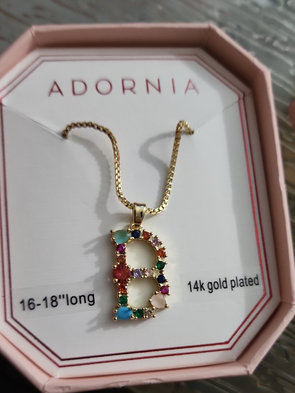 14k Gold-P. Multicolor C.zirconia 'B'  Initial Pendant Necklace New 16-18" Long